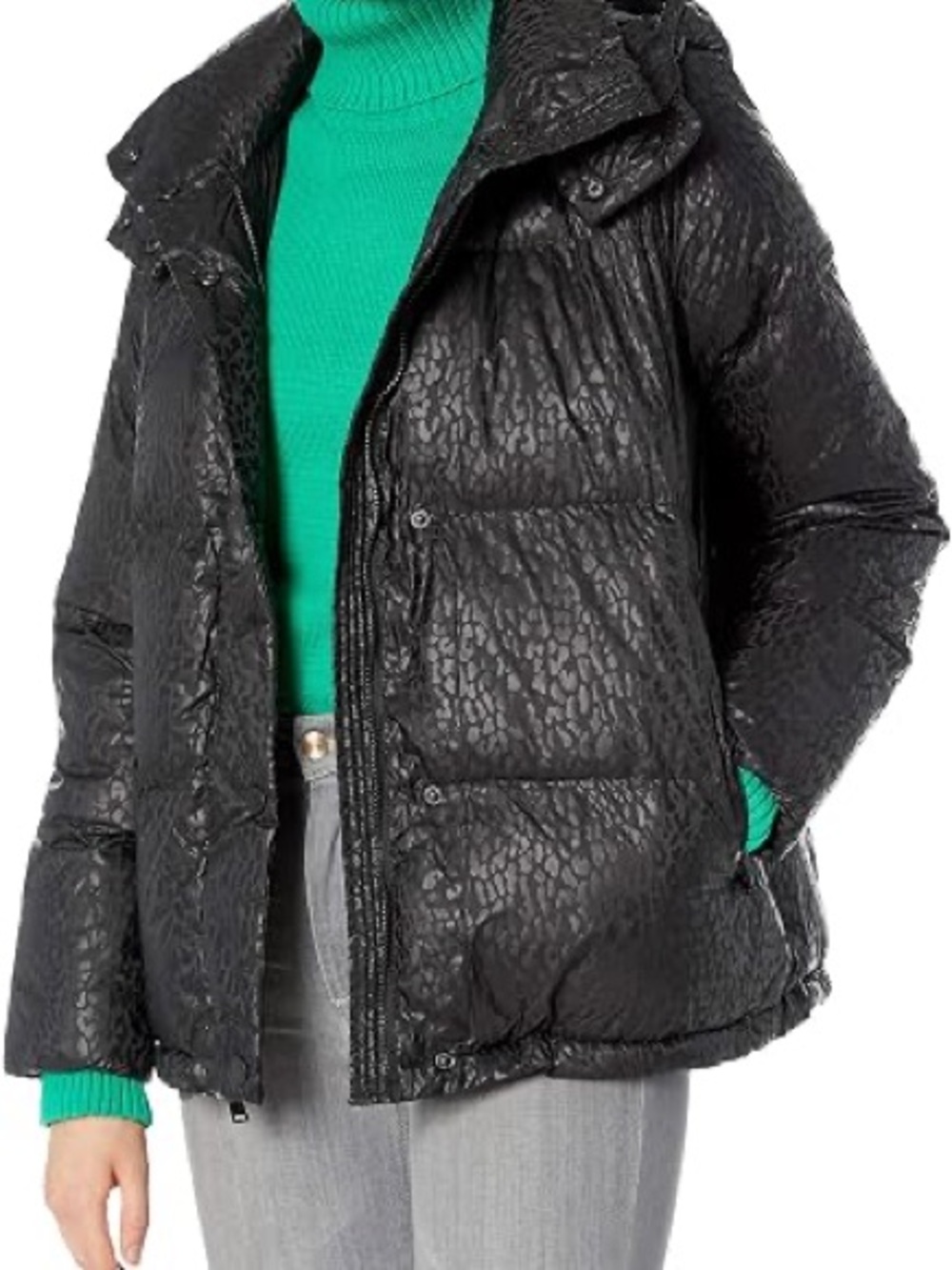 BCBGeneration Black Quilted Leopard Puffer Jacket High Collar Snap Front Roomy